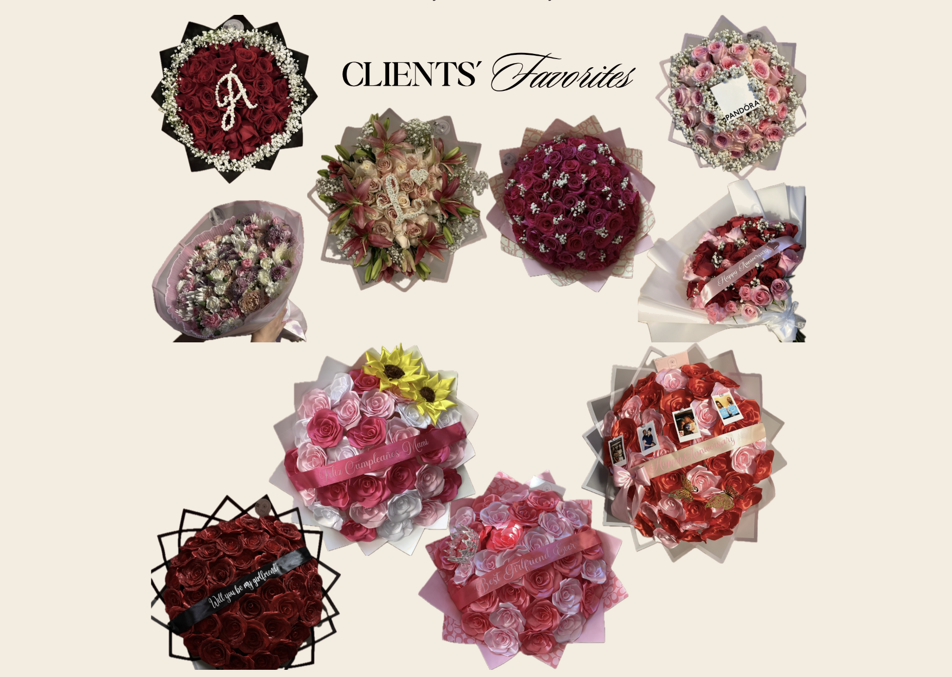 Collage of Lynne Florals client favorite bouquets including red rose letter bouquets, pastel rose boxes, lily bouquets and eternal rose arrangements
